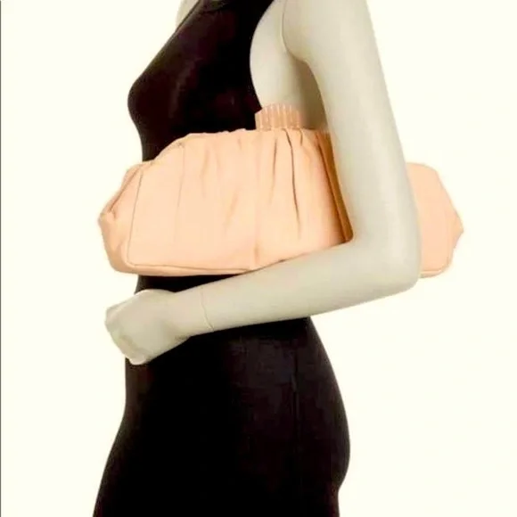NWOT, LOUISE et CIE Loni Pleated Leather Clutch, Sculpted Clasp, Baguette Shape